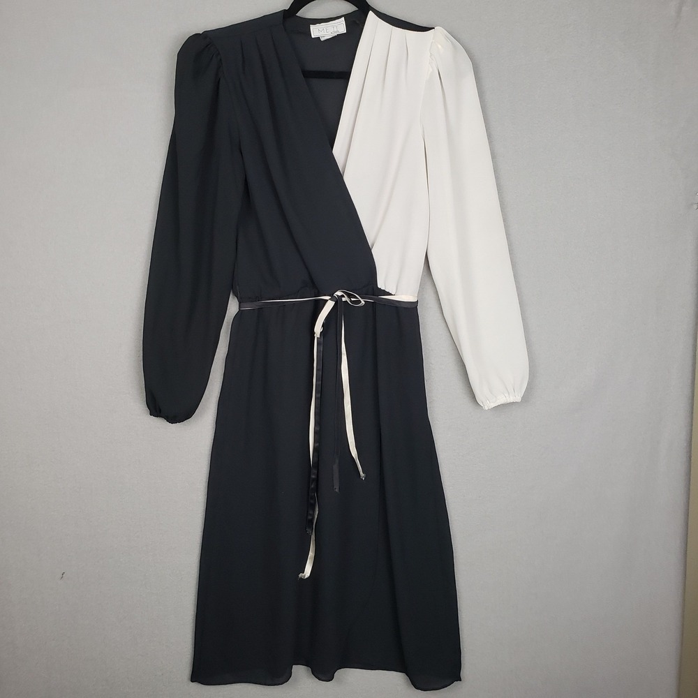 Vintage Lucero Two‎ Tone Sheer Faux Wrap Dress Black White 80's Party Size 14/16